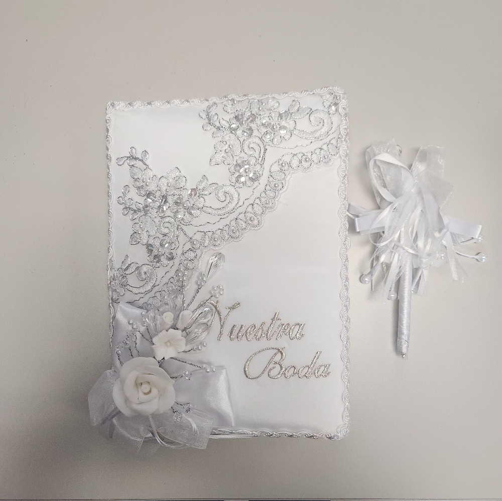 Elegant White Nuestra Boda Wedding Guest Book and Pen Set 7"x9.5"